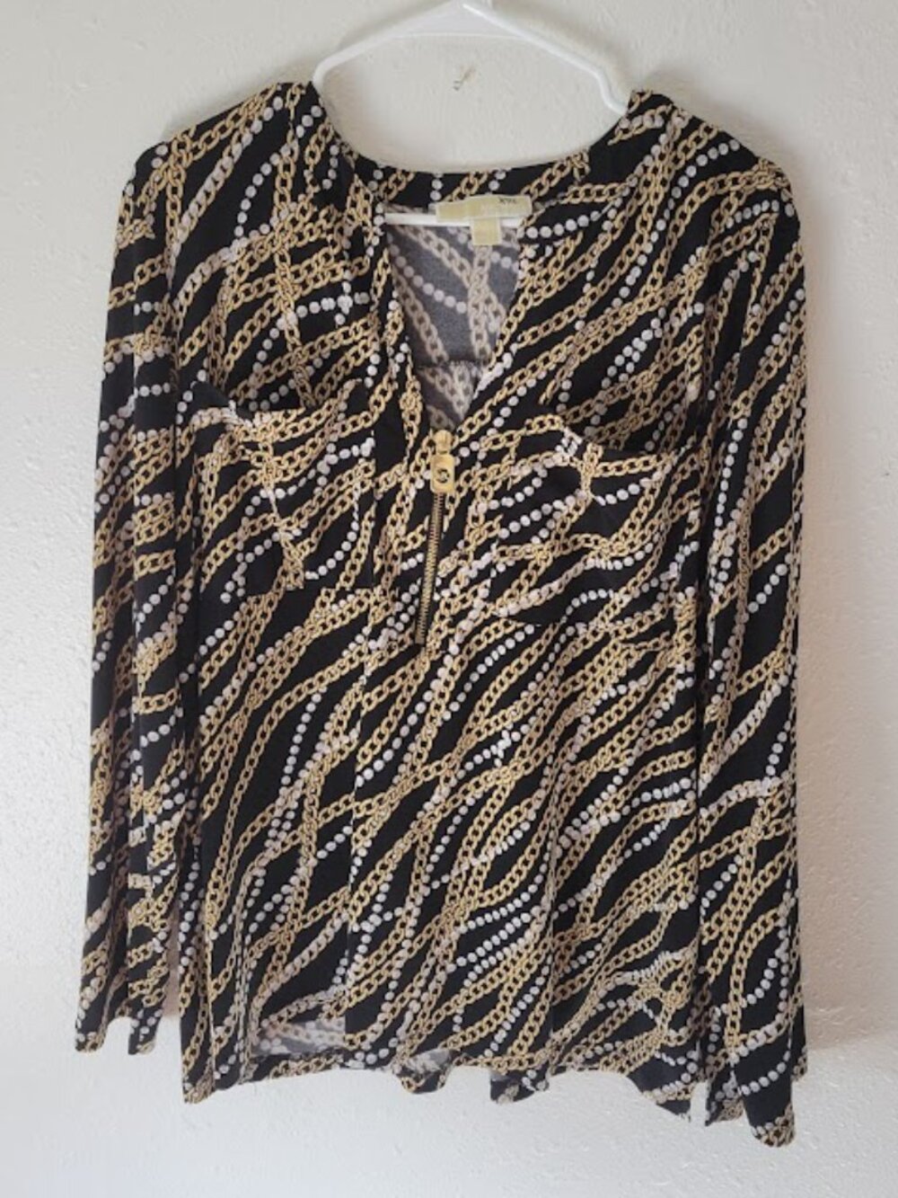 Michael Kors Chain Print Long Sleeve Top Women's XL Black Gold